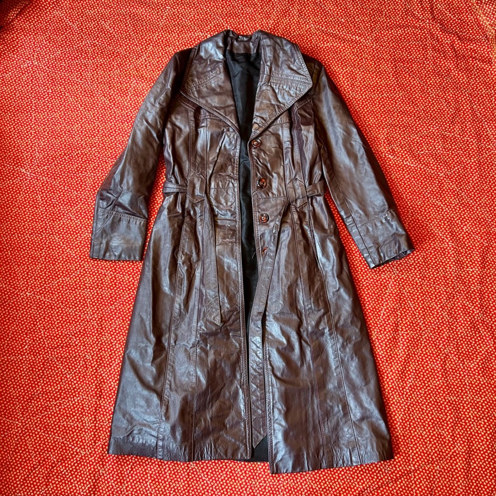 Vintage 70s Brown Leather Trench Coat Long Jacket Belted Boho Indie Retro